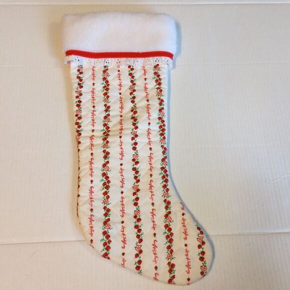 Lanz of Salzburg Christmas Stocking White Red Strawberries Flannel Fleece Vtg - Picture 1 of 6